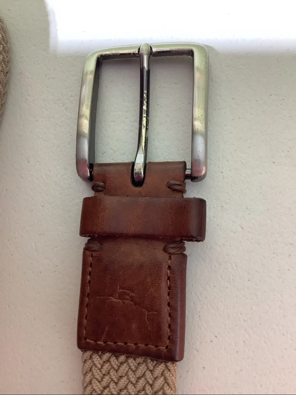 Tommy Bahama tan woven belt with brown leather trim